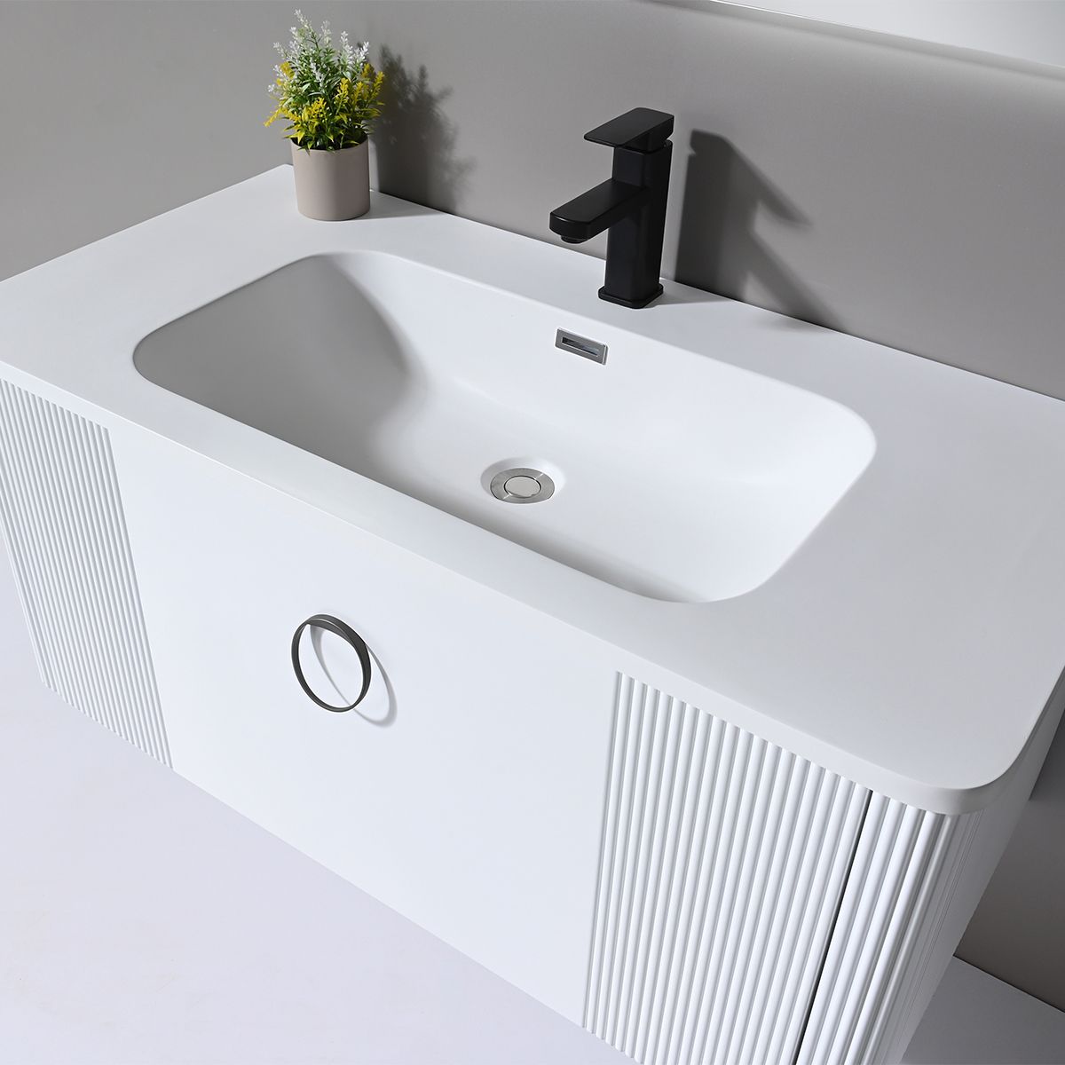 Mobilier baie din Mdf, cu lavoar din compozit corian, dimensiuni: 100 x 52 cm, inchidere Soft Close, Nest