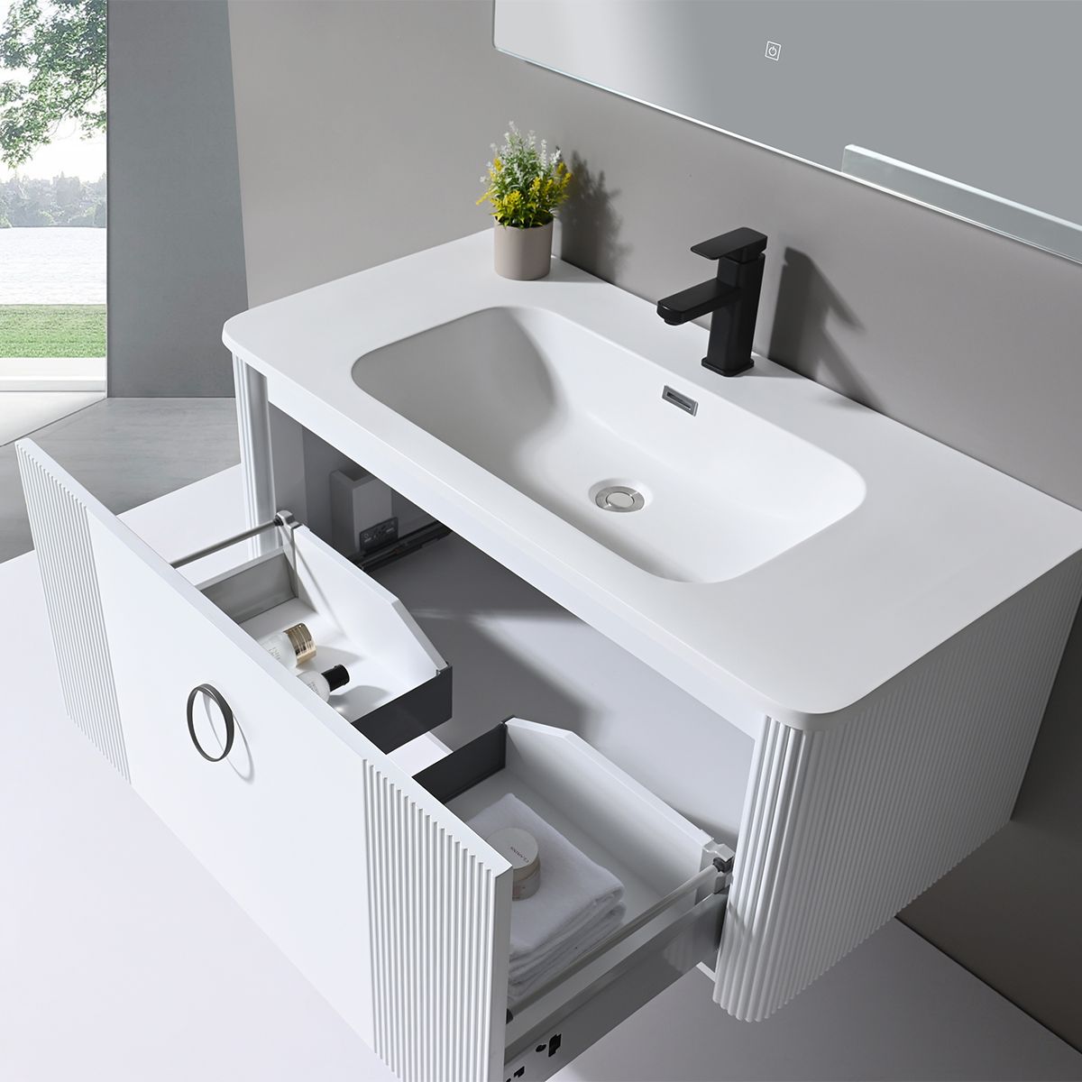 Mobilier baie din Mdf, cu lavoar din compozit corian, dimensiuni: 100 x 52 cm, inchidere Soft Close, Nest