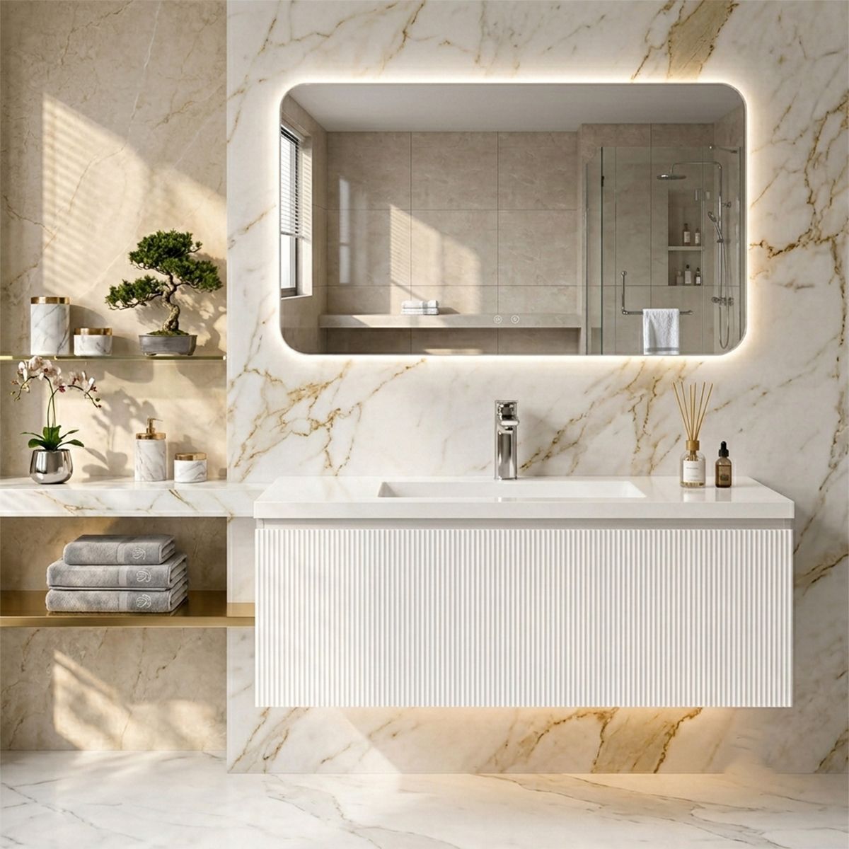 Mobilier baie din Mdf, front cu design riflat, lavoar din compozit, inchidere Soft-Close, 120x46x49 cm, Alb, Evo