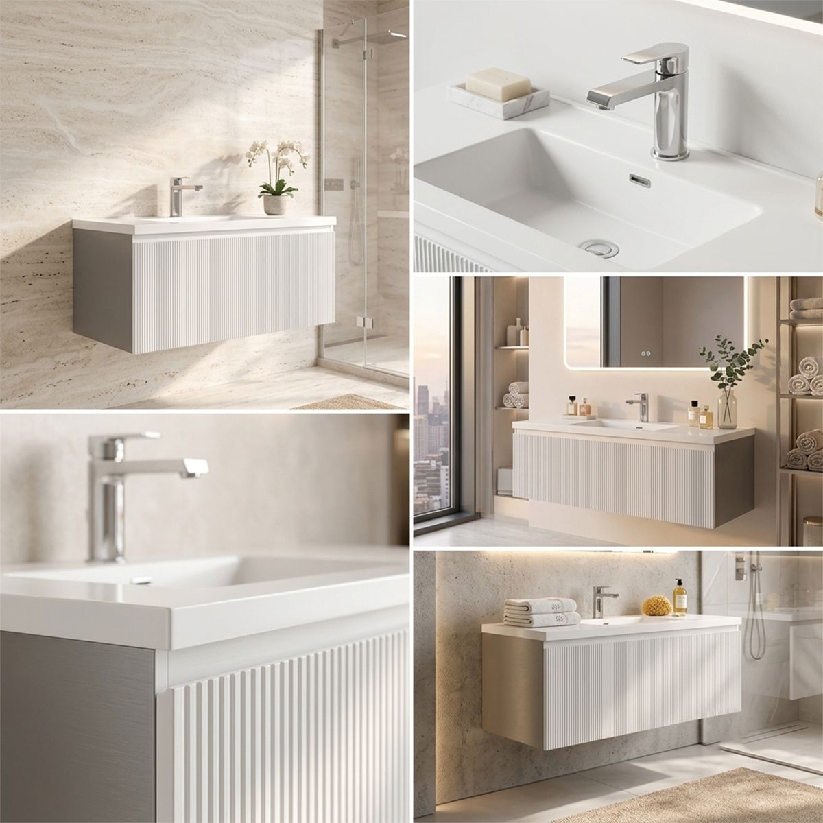 Mobilier baie din Mdf, front cu design riflat, lavoar din compozit, inchidere Soft-Close, 120x46x49 cm, Alb, Evo