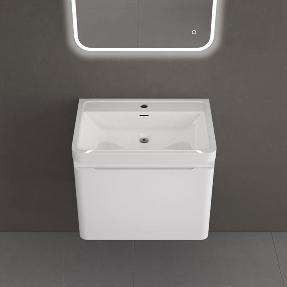 Mobilier baie din Mdf vopsit, lavoar din compozit, inchidere Soft-Close, 60x42x50 cm, Alb Lucios, Verona