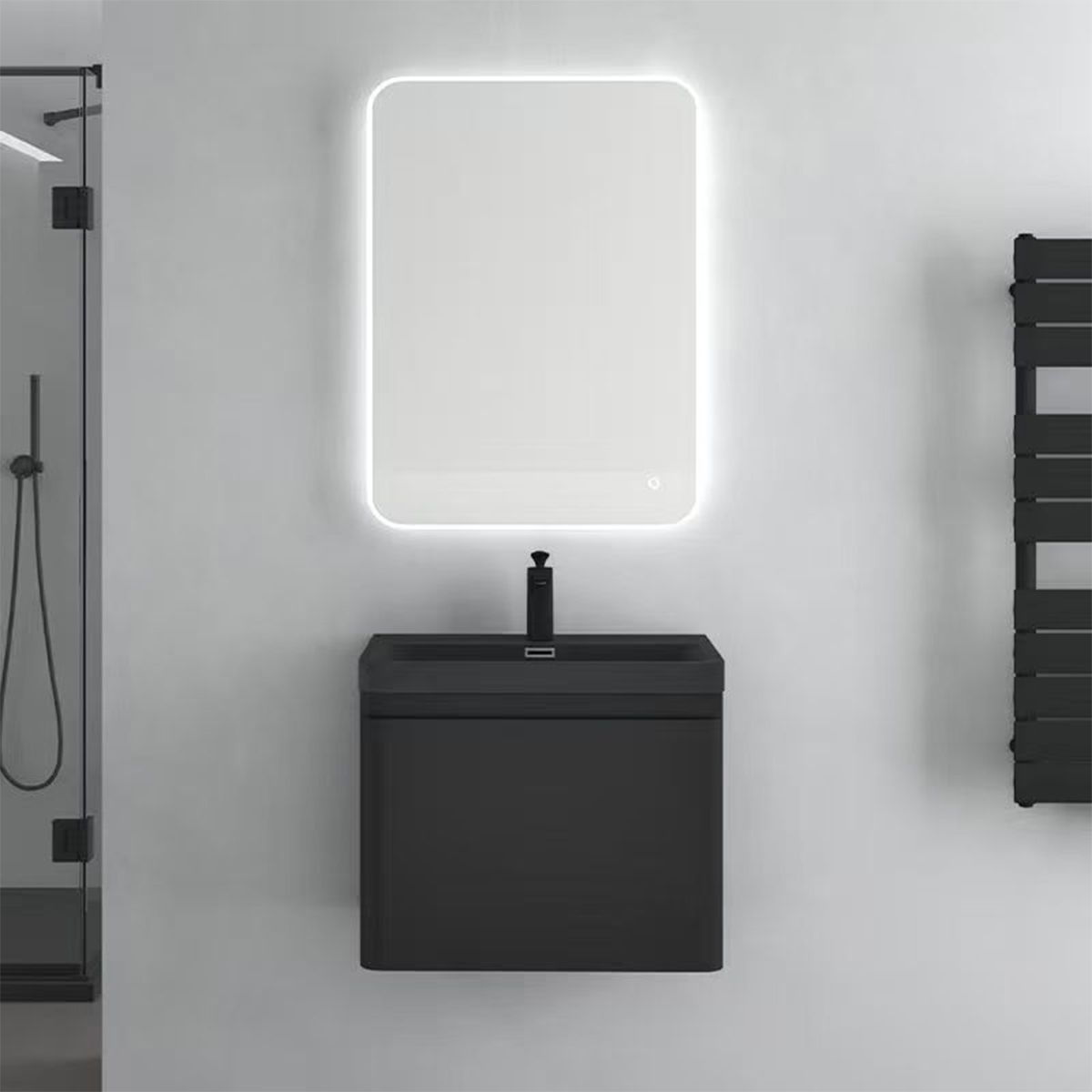 Mobilier baie din Mdf vopsit, lavoar din compozit, inchidere Soft-Close, 60x42x50 cm, Negru Mat, Verona