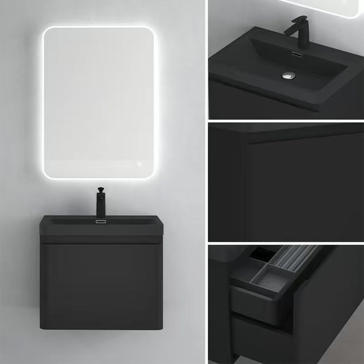 Mobilier baie din Mdf vopsit, lavoar din compozit, inchidere Soft-Close, 60x42x50 cm, Negru Mat, Verona