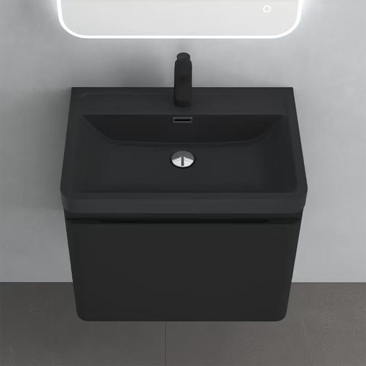 Mobilier baie din Mdf vopsit, lavoar din compozit, inchidere Soft-Close, 60x42x50 cm, Negru Mat, Verona