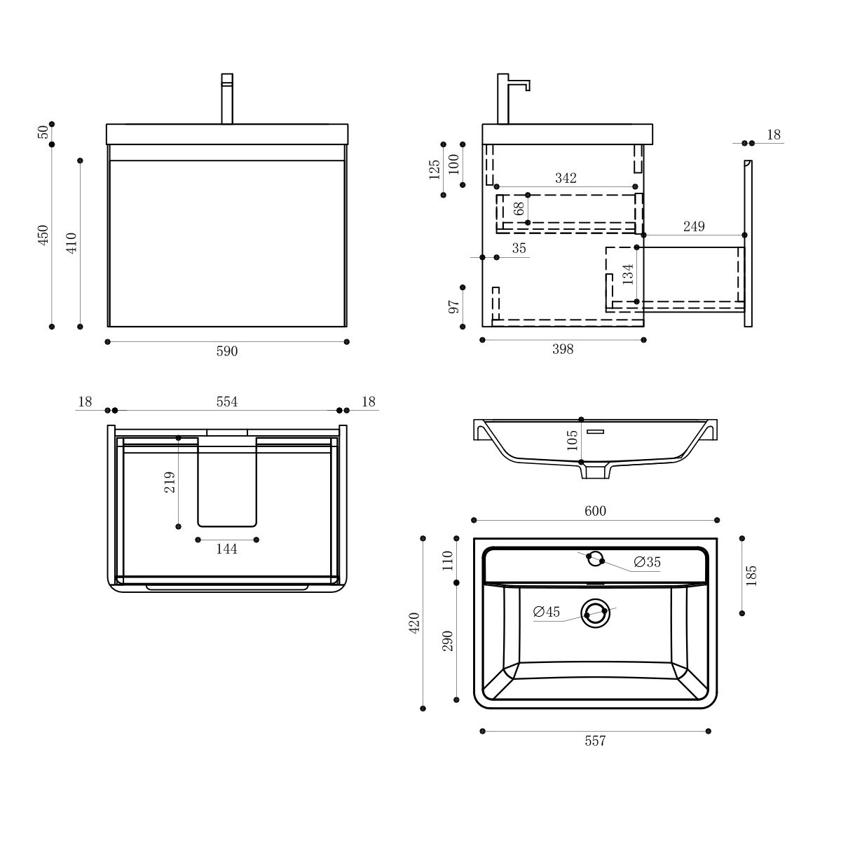 Mobilier baie din Mdf vopsit, lavoar din compozit, inchidere Soft-Close, 60x42x50 cm, Negru Mat, Verona