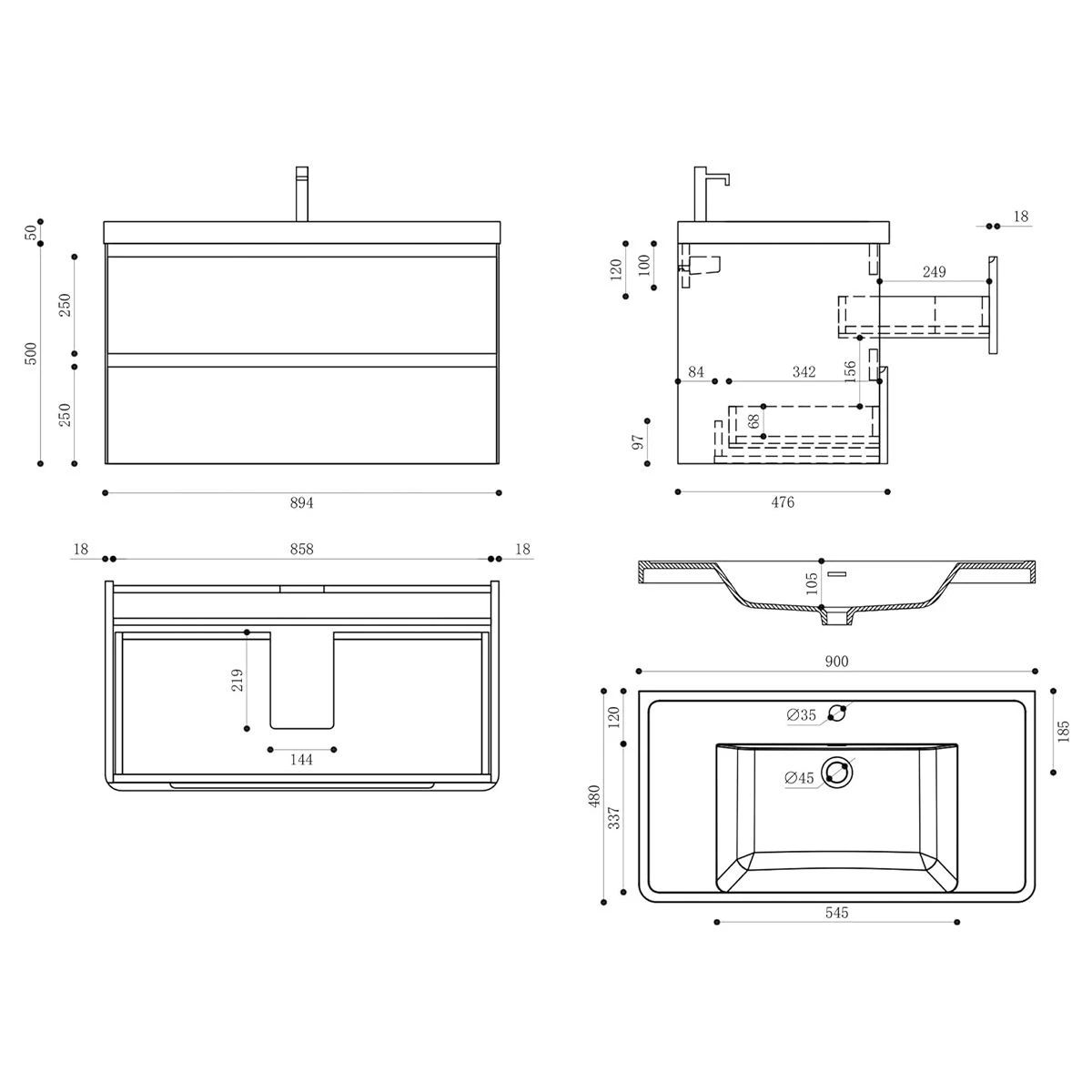 Mobilier baie, Mdf vopsit, lavoar din compozit, separatoare sertare, Soft-Close, dimensiune de 60 sau 90 cm, Negru Mat, Trieste