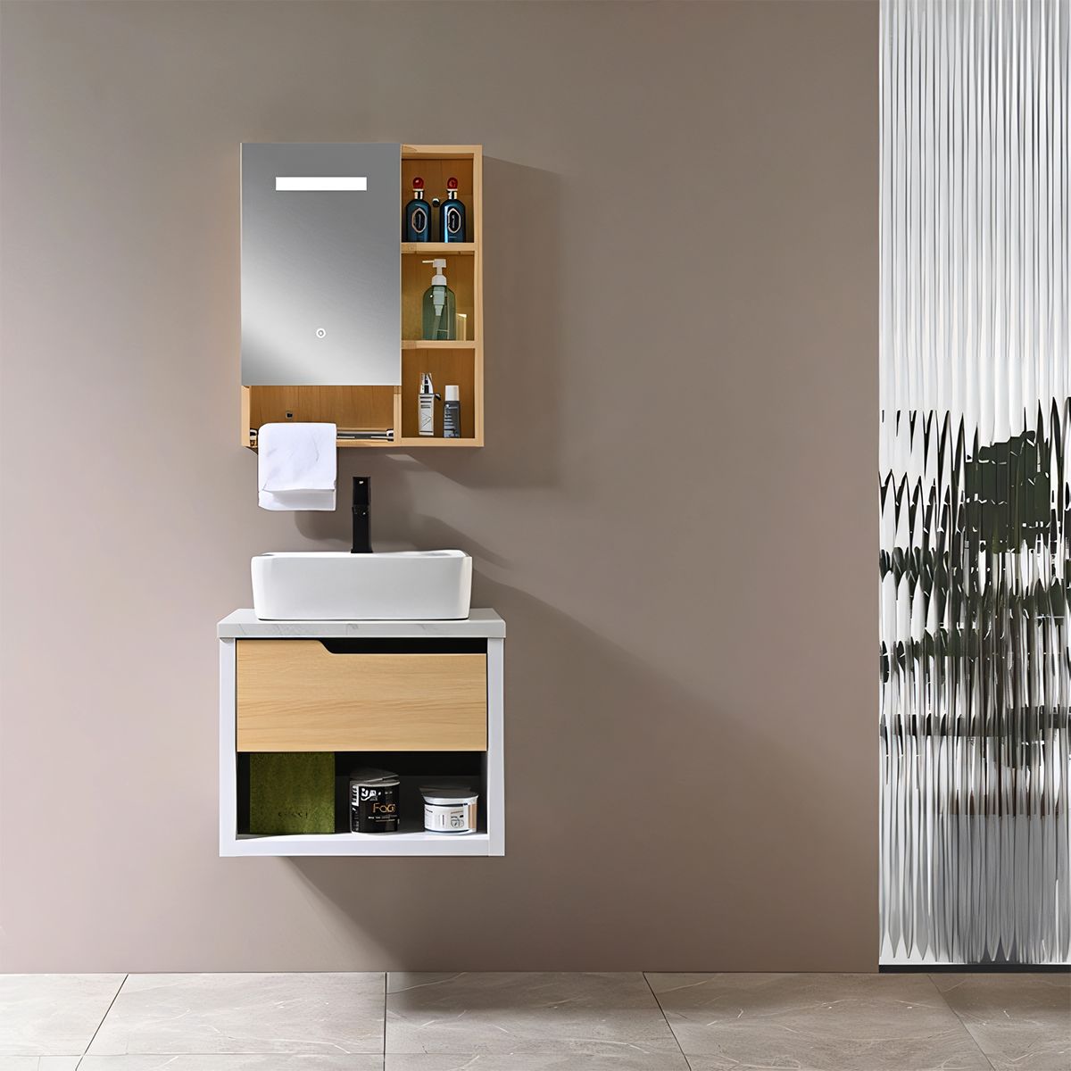 Mobilier de baie, 60 x 55, Lemn stratificat, Sertar cu inchidere soft close, spatiu de depozitare, Riviera