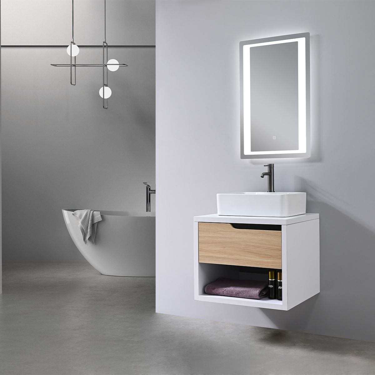 Mobilier de baie, 60 x 55, Lemn stratificat, Sertar cu inchidere soft close, spatiu de depozitare, Riviera