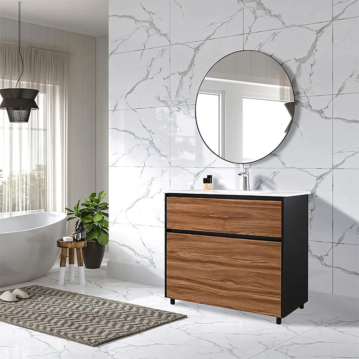 Mobilier de baie cu lavoar, Lemn stratificat, 100x46 cm, 2 sertare cu inchidere soft close, Finisaj stejar, Bianca