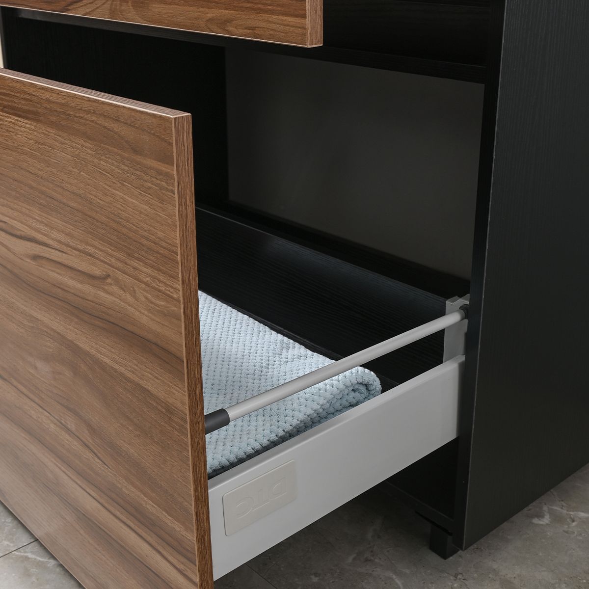 Mobilier de baie cu lavoar, Lemn stratificat, 100x46 cm, 2 sertare cu inchidere soft close, Finisaj stejar, Bianca