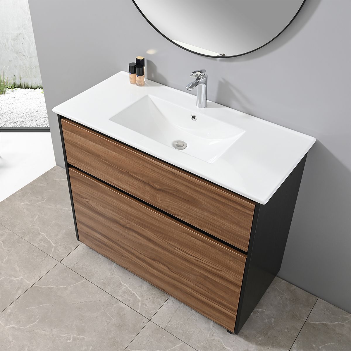 Mobilier de baie cu lavoar, Lemn stratificat, 100x46 cm, 2 sertare cu inchidere soft close, Finisaj stejar, Bianca