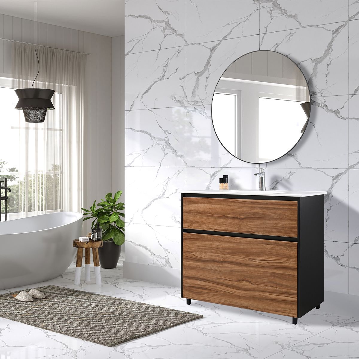 Mobilier de baie cu lavoar, Lemn stratificat, 100x46 cm, 2 sertare cu inchidere soft close, Finisaj stejar, Bianca