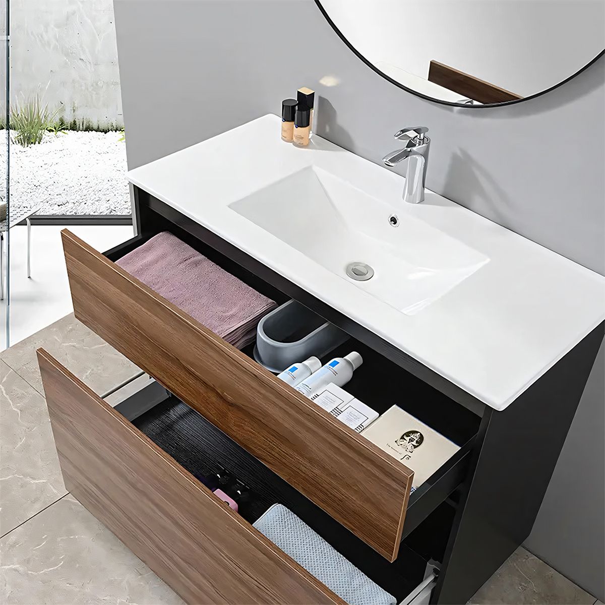 Mobilier de baie cu lavoar, Lemn stratificat, 100x46 cm, 2 sertare cu inchidere soft close, Finisaj stejar, Bianca