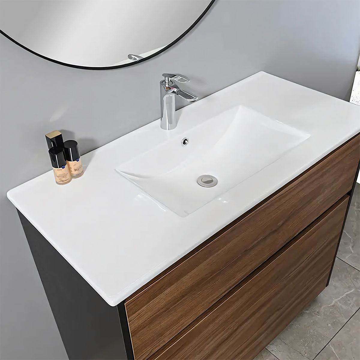 Mobilier de baie cu lavoar, Lemn stratificat, 100x46 cm, 2 sertare cu inchidere soft close, Finisaj stejar, Bianca
