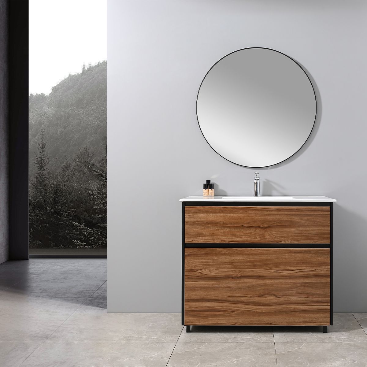 Mobilier de baie cu lavoar, Lemn stratificat, 100x46 cm, 2 sertare cu inchidere soft close, Finisaj stejar, Bianca