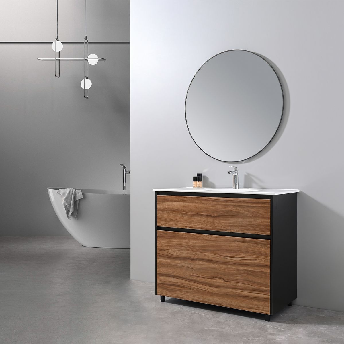 Mobilier de baie cu lavoar, Lemn stratificat, 100x46 cm, 2 sertare cu inchidere soft close, Finisaj stejar, Bianca