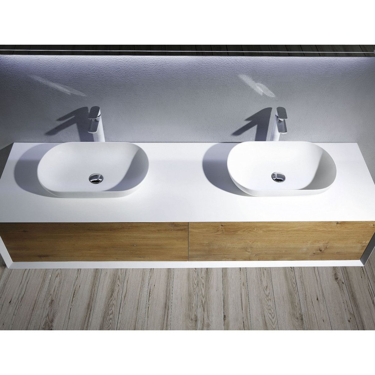 Mobilier de baie EGO-BELLA din compozit mineral cu doua lavoare, MDF, 180 x 55 cm, Alb Mat, Push to open
