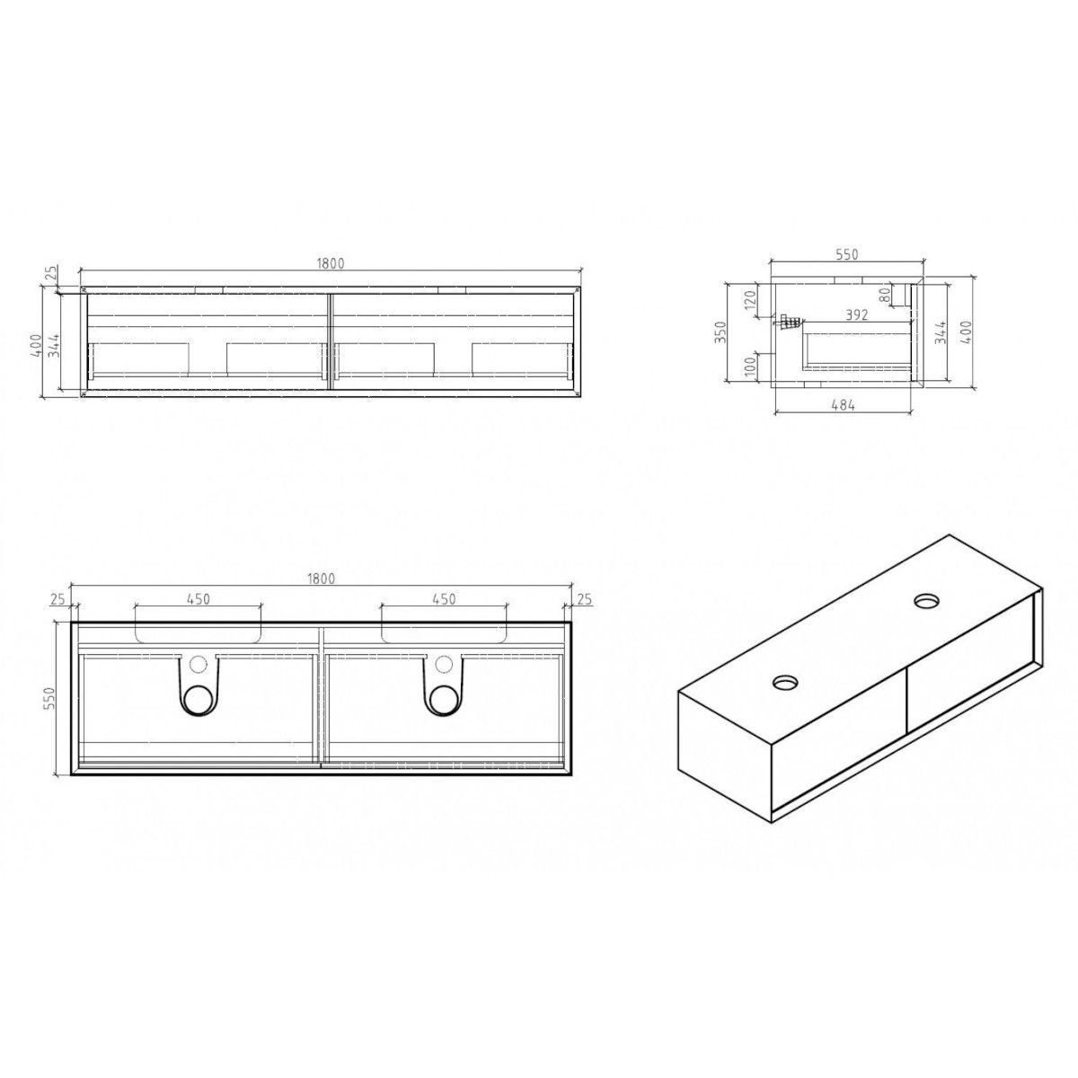 Mobilier de baie EGO-BELLA din compozit mineral cu doua lavoare, MDF, 180 x 55 cm, Alb Mat, Push to open