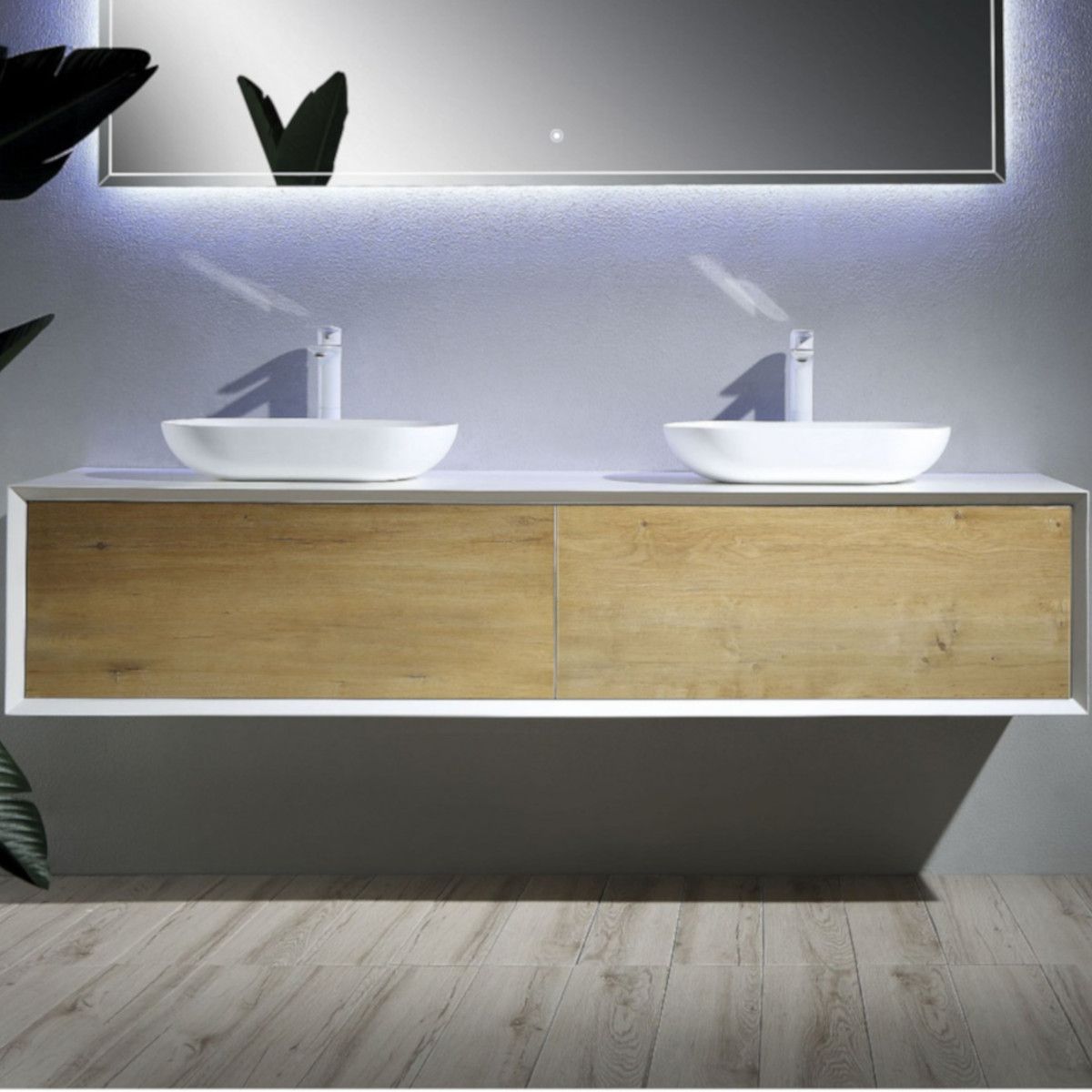 Mobilier de baie EGO-BELLA din compozit mineral cu doua lavoare, MDF, 180 x 55 cm, Alb Mat, Push to open
