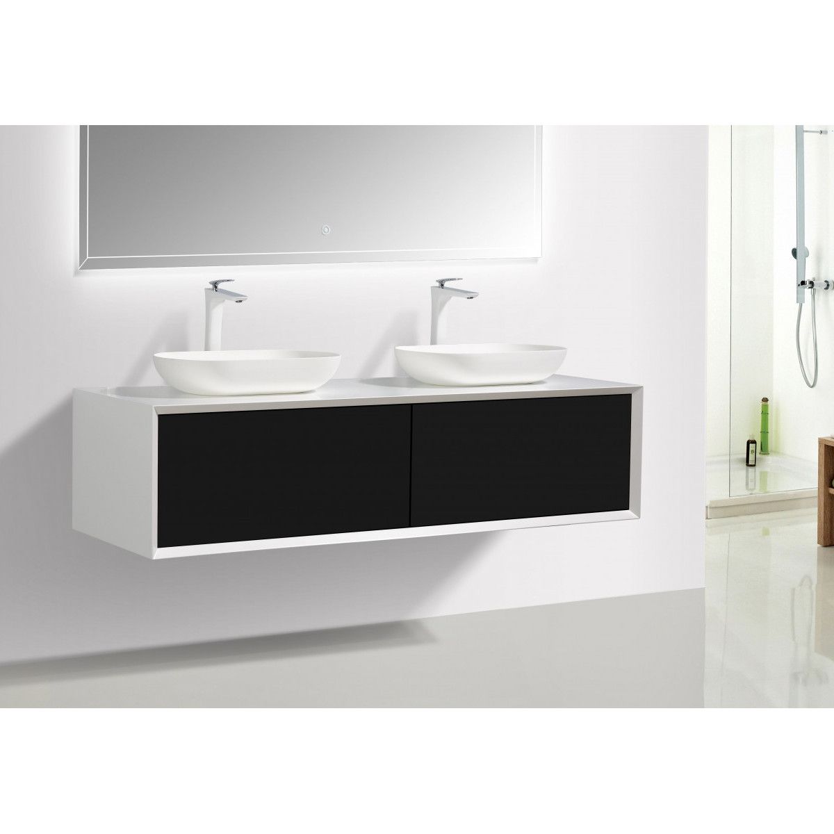 Mobilier de baie EGO-BELLA cu doua lavoare din compozit mineral, 180 x 55 cm, Negru Mat, sertar Push to open