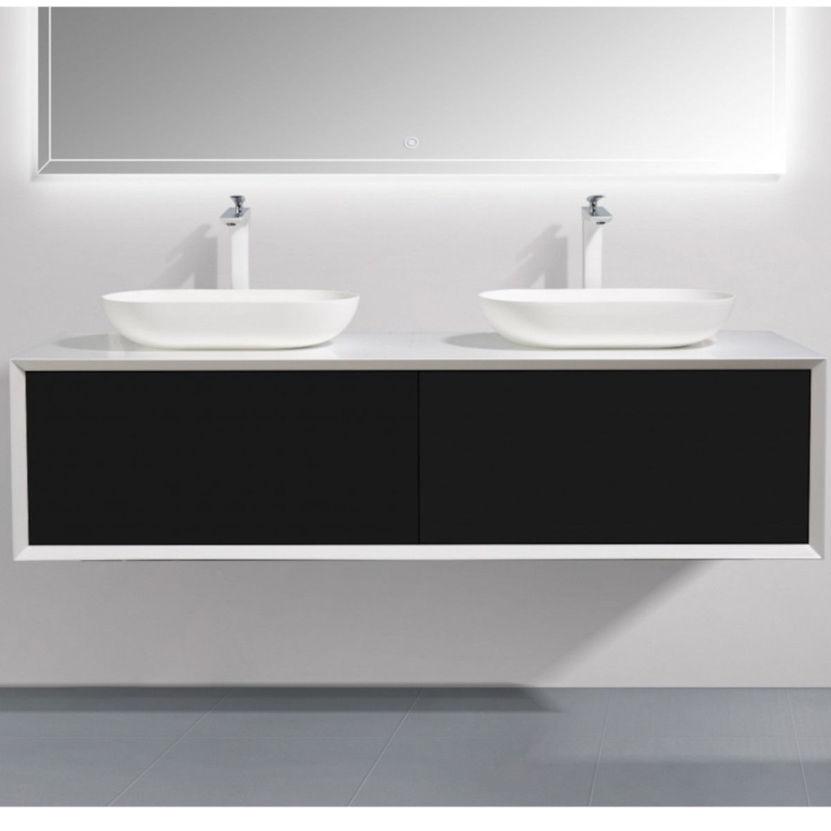 Mobilier de baie EGO-BELLA cu doua lavoare din compozit mineral, 180 x 55 cm, Negru Mat, sertar Push to open