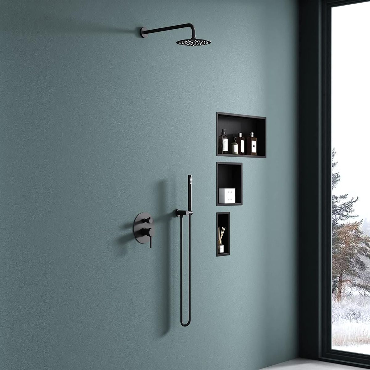Nisa de dus, raft incastrat in perete, otel, 30x30 sau 60x30, Negru Mat, Flux