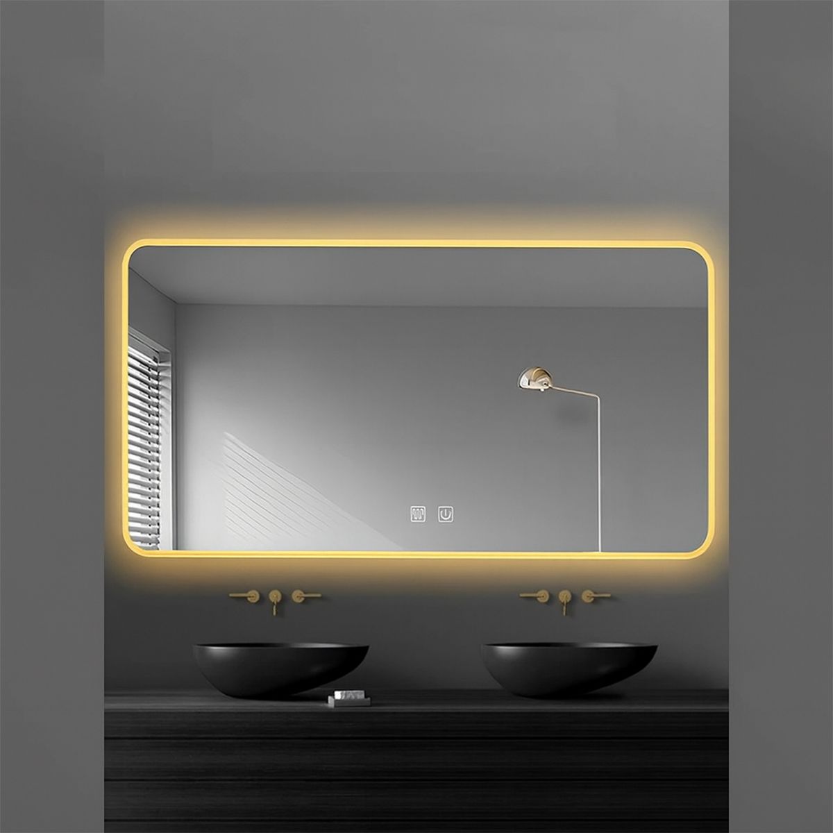 Oglinda Led, Cadru auriu, Dezaburire, Buton Touch, 3 Culori, Intensitate reglabila, dimensiuni 60-70x80-150 cm, Feliz