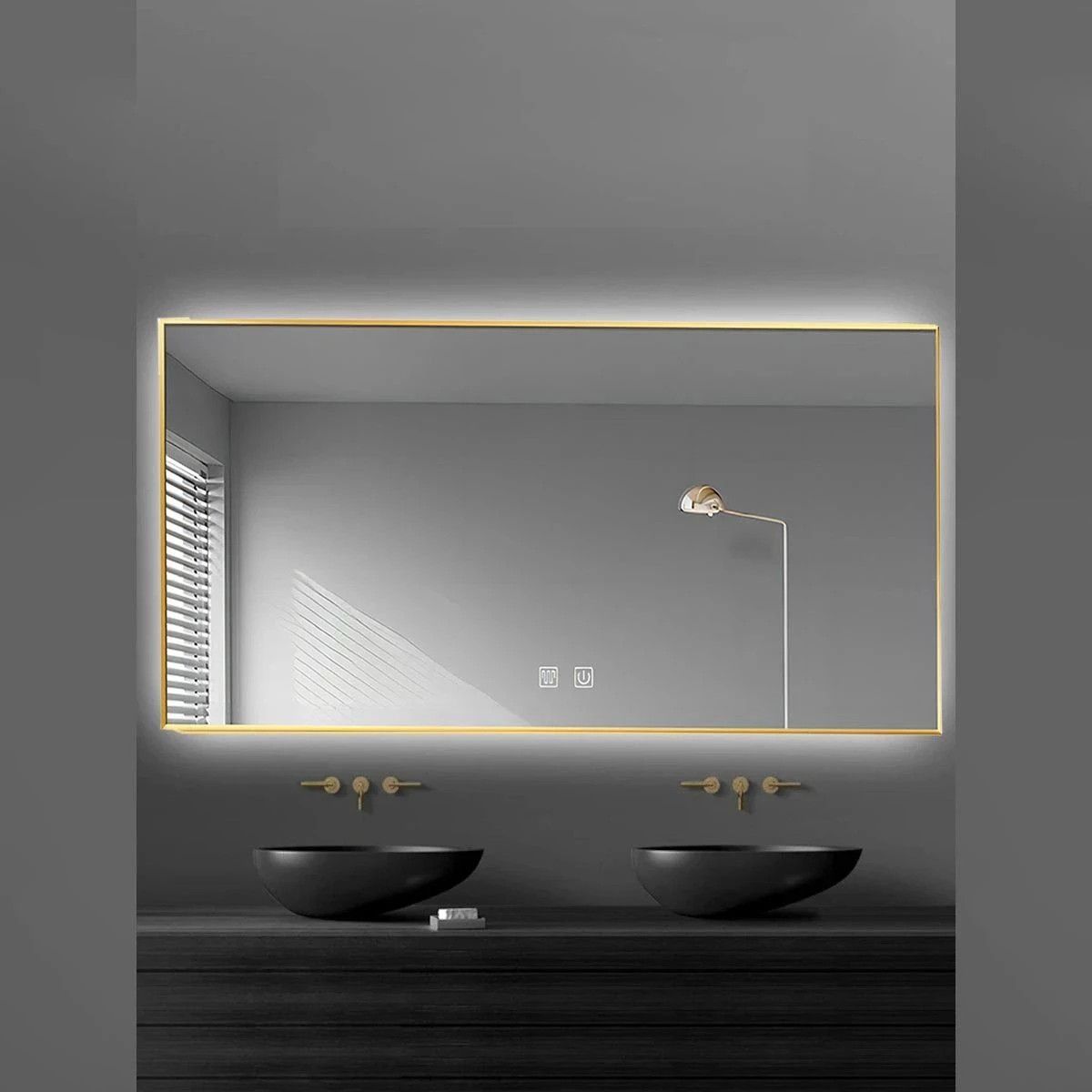 Oglinda Led, Cadru auriu, Dezaburire, Buton Touch, 3 Culori, Intensitate reglabila, dimensiuni 60-70x80-150 cm, Feliz