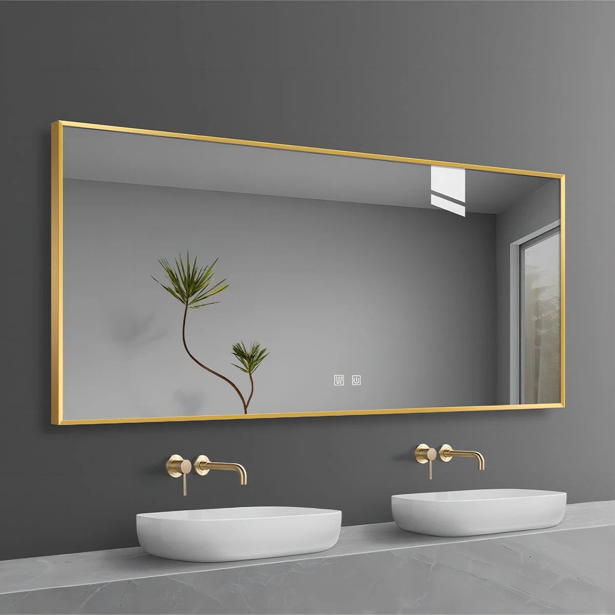 Oglinda Led, Cadru auriu, Dezaburire, Buton Touch, 3 Culori, Intensitate reglabila, dimensiuni 60-70x80-150 cm, Feliz