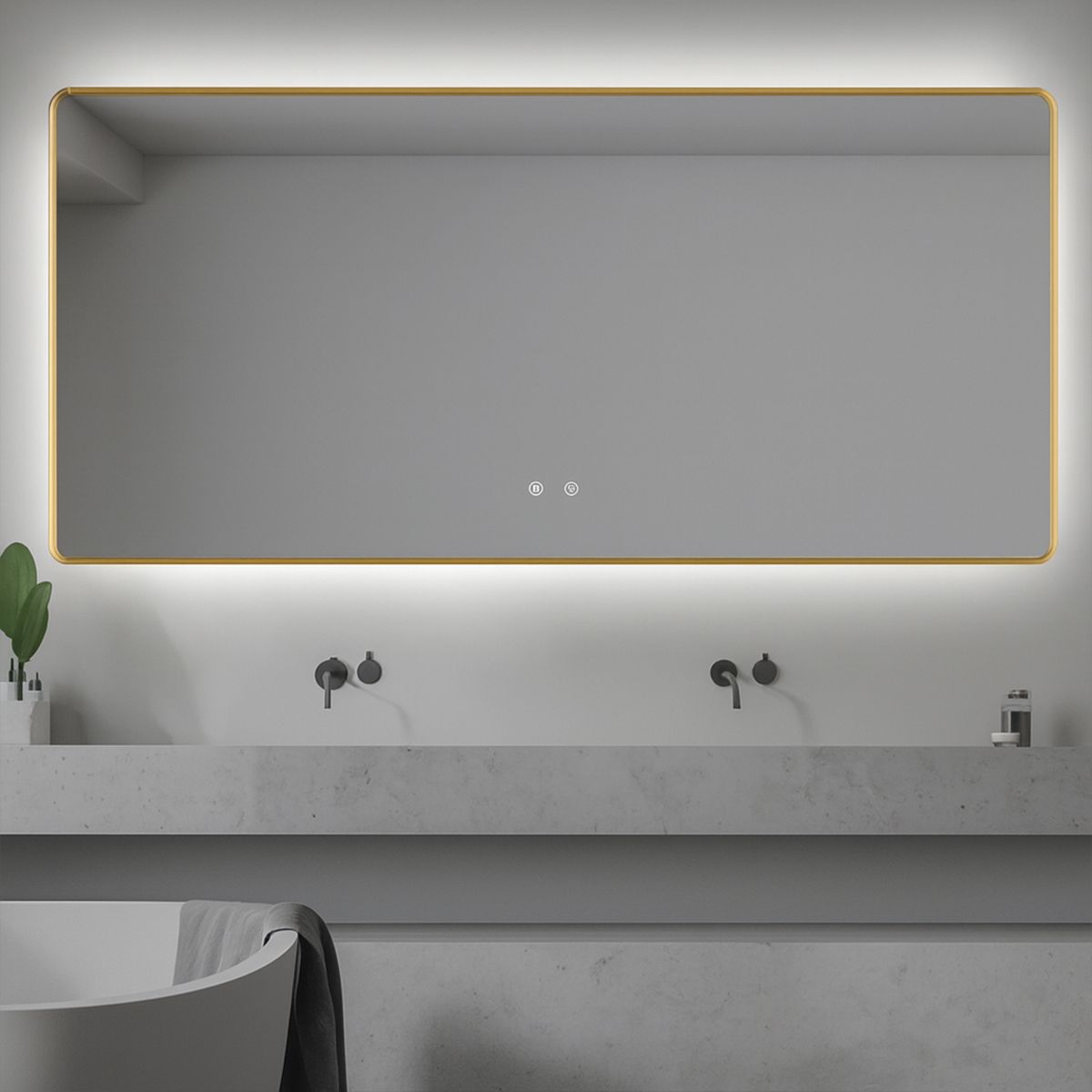 Oglinda Led, Cadru auriu, Dezaburire, Buton Touch, 3 Culori, Intensitate reglabila, dimensiuni 60-70x80-150 cm, Feliz