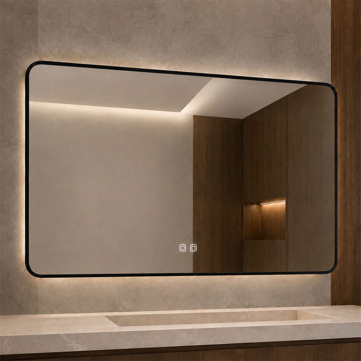 Oglinda Led, Cadru negru, Dezaburire, Buton Touch, 3 Culori, Intensitate reglabila, dimensiuni 60-70x80-90-150 cm, Feliz