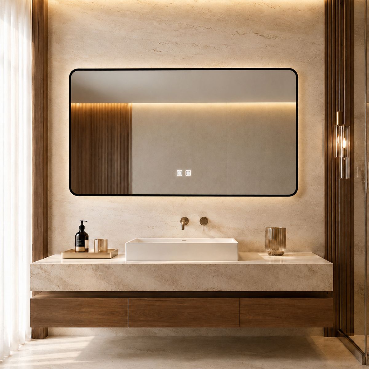 Oglinda Led, Cadru negru, Dezaburire, Buton Touch, 3 Culori, Intensitate reglabila, dimensiuni 60-70x80-90-150 cm, Feliz