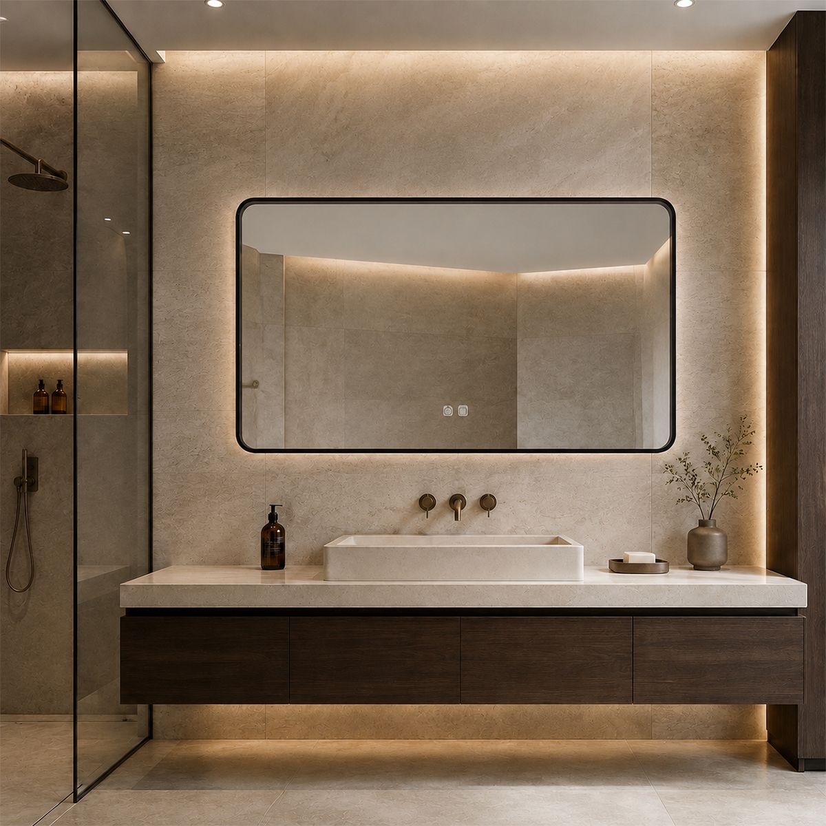 Oglinda Led, Cadru negru, Dezaburire, Buton Touch, 3 Culori, Intensitate reglabila, dimensiuni 60-70x80-90-150 cm, Feliz