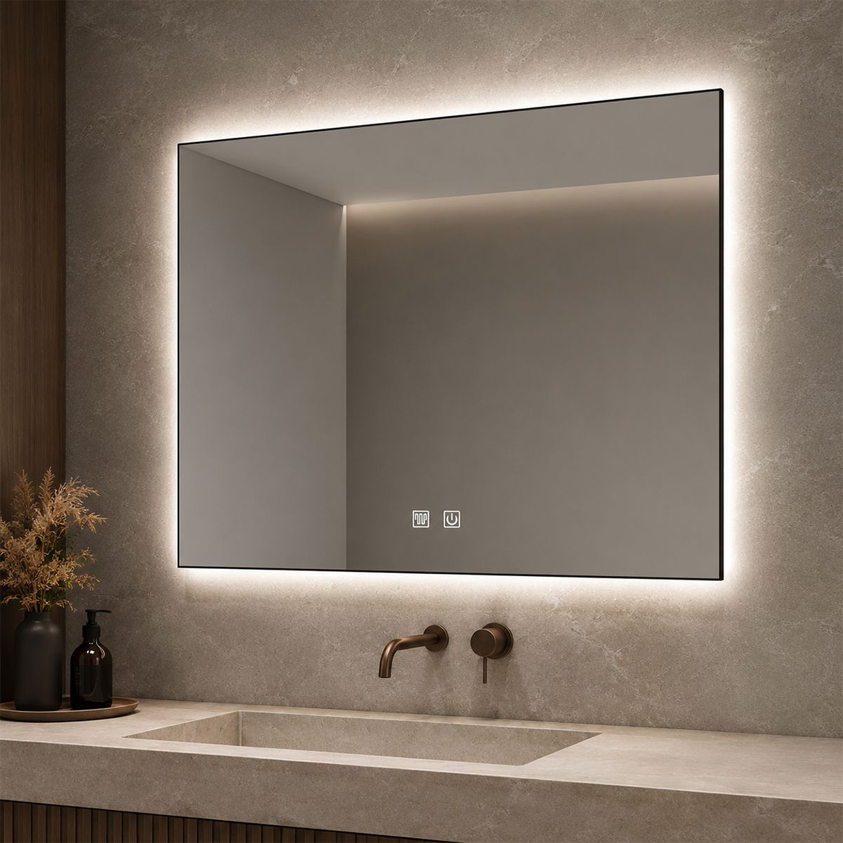 Oglinda Led, Cadru negru, Dezaburire, Buton Touch, 3 Culori, Intensitate reglabila, dimensiuni 60-70x80-90-150 cm, Feliz
