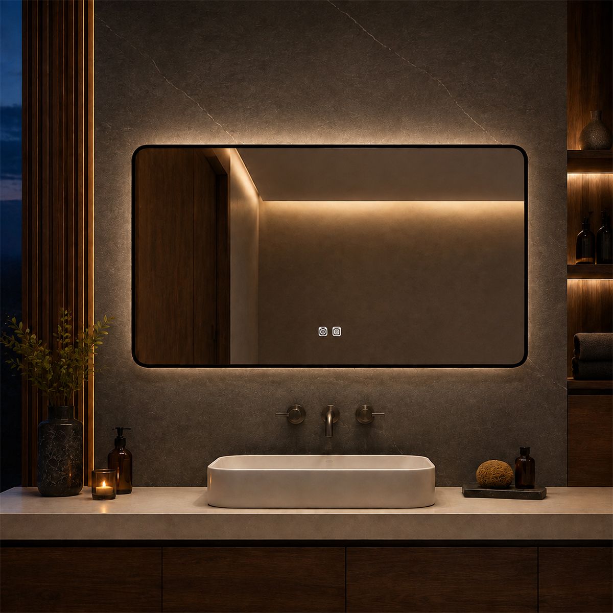 Oglinda Led, Cadru negru, Dezaburire, Buton Touch, 3 Culori, Intensitate reglabila, dimensiuni 60-70x80-90-150 cm, Feliz