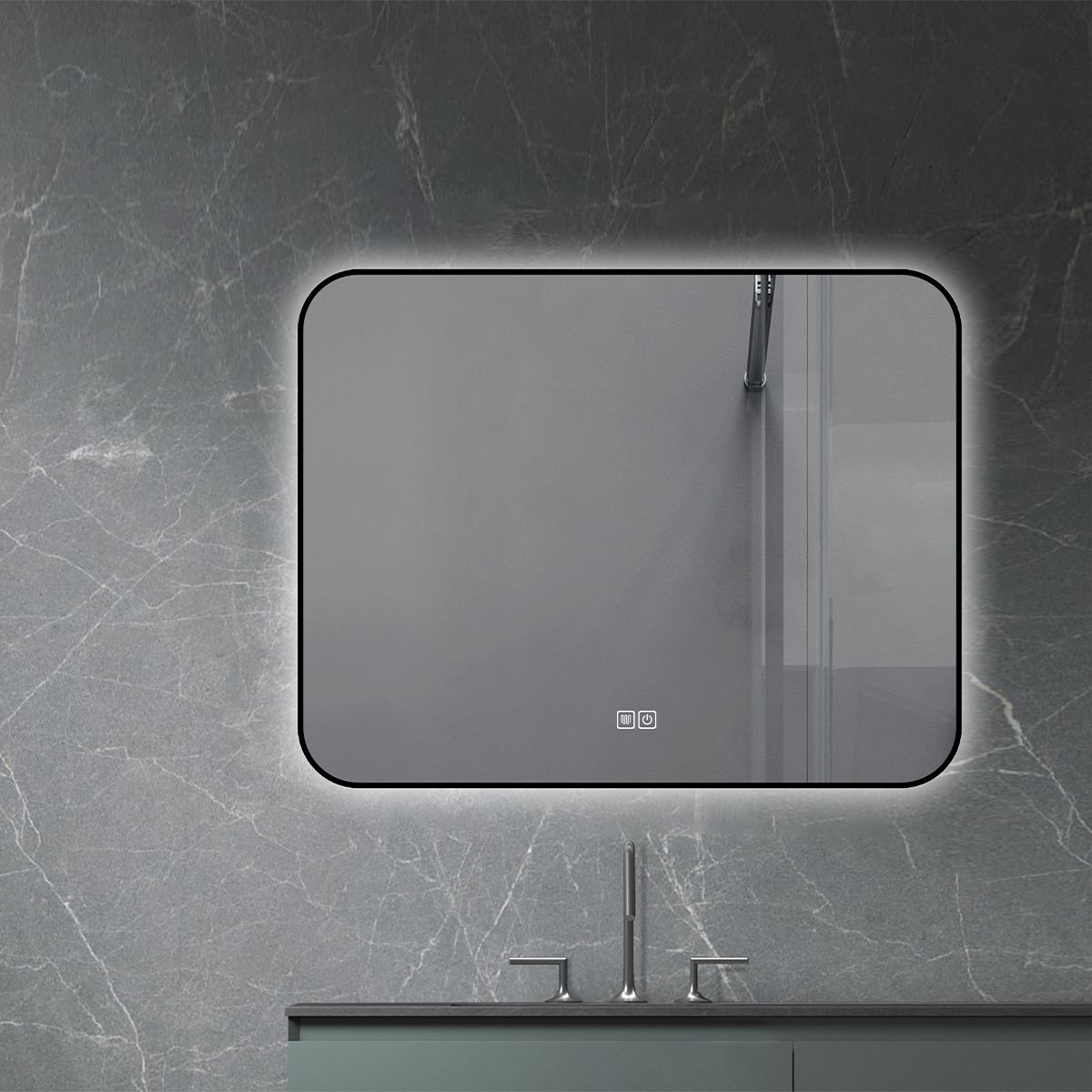 Oglinda Led, Cadru negru, Dezaburire, Buton Touch, 3 Culori, Intensitate reglabila, dimensiuni 60-70x80-90-150 cm, Feliz