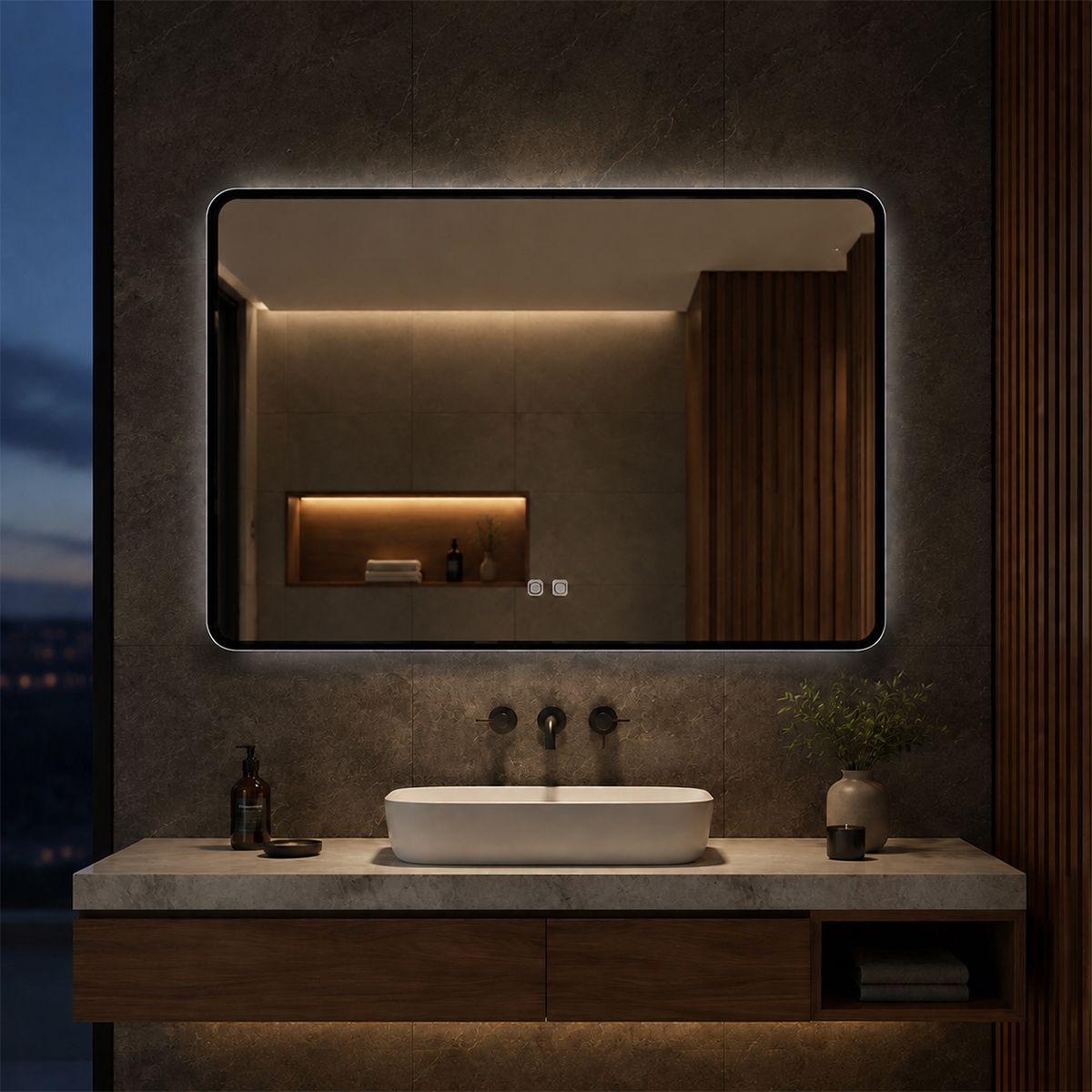 Oglinda Led, Cadru negru, Dezaburire, Buton Touch, 3 Culori, Intensitate reglabila, dimensiuni 60-70x80-90-150 cm, Feliz