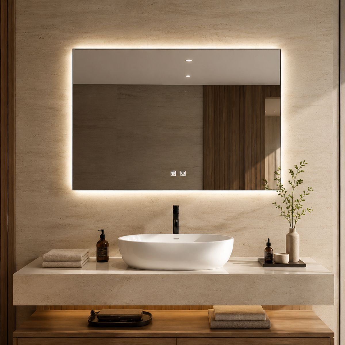 Oglinda Led, Cadru negru, Dezaburire, Buton Touch, 3 Culori, Intensitate reglabila, dimensiuni 60-70x80-90-150 cm, Feliz