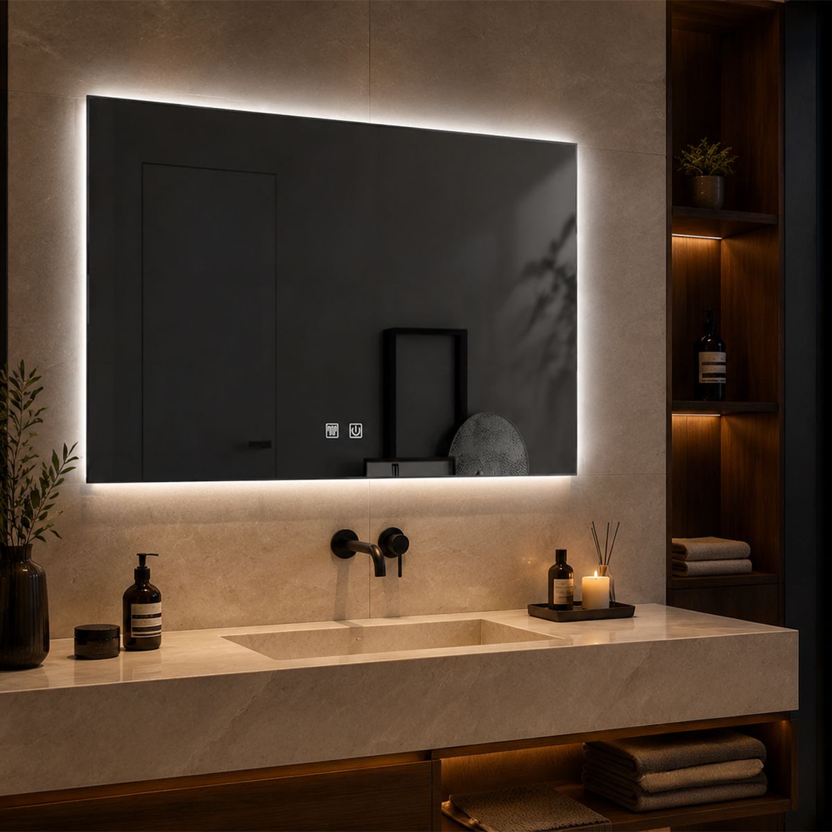 Oglinda Led, Cadru negru, Dezaburire, Buton Touch, 3 Culori, Intensitate reglabila, dimensiuni 60-70x80-90-150 cm, Feliz