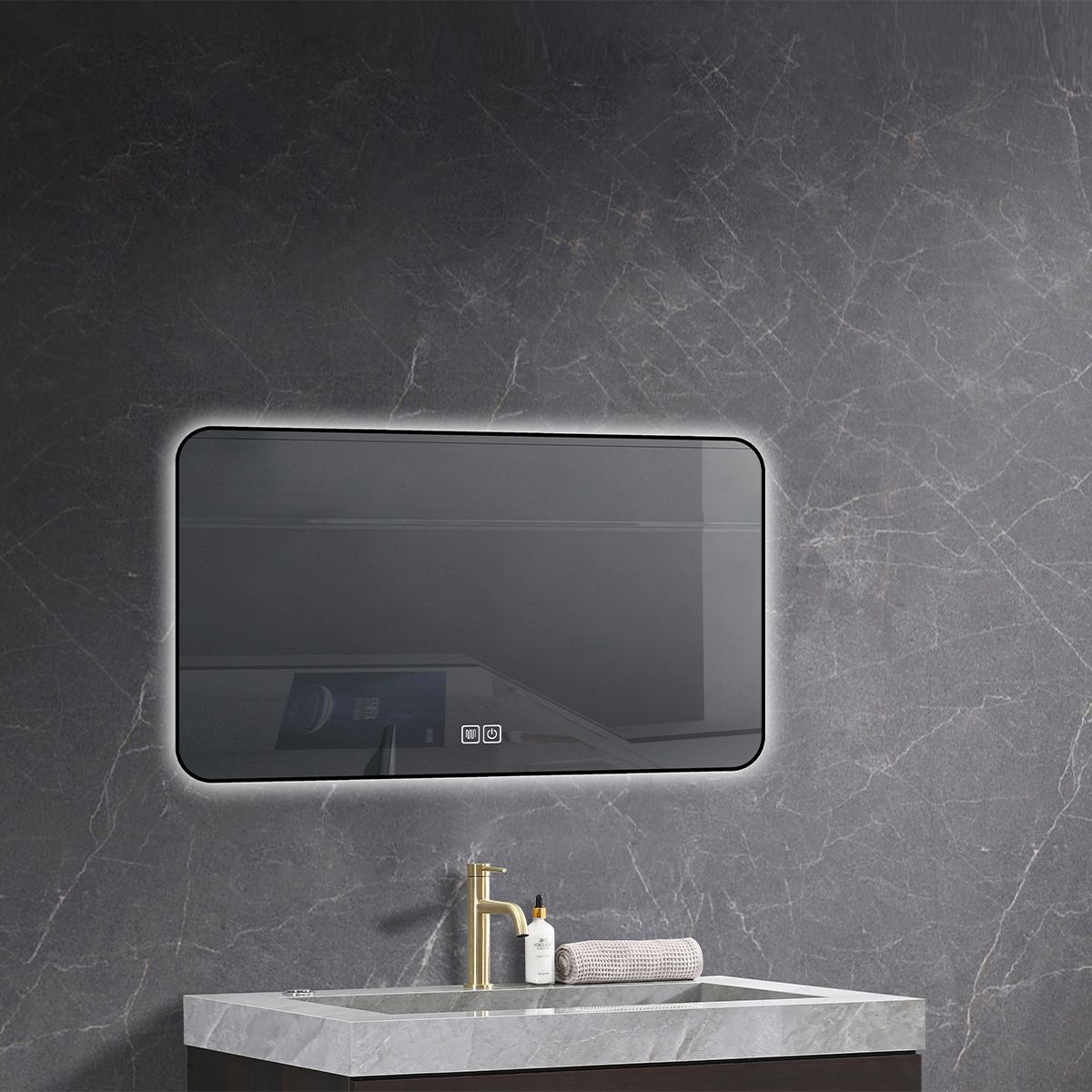Oglinda Led, Cadru negru, Dezaburire, Buton Touch, 3 Culori, Intensitate reglabila, dimensiuni 60-70x80-90-150 cm, Feliz