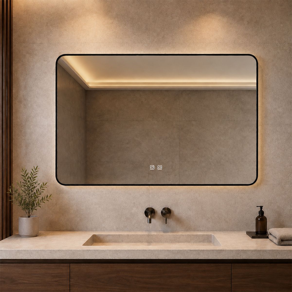 Oglinda Led, Cadru negru, Dezaburire, Buton Touch, 3 Culori, Intensitate reglabila, dimensiuni 60-70x80-90-150 cm, Feliz