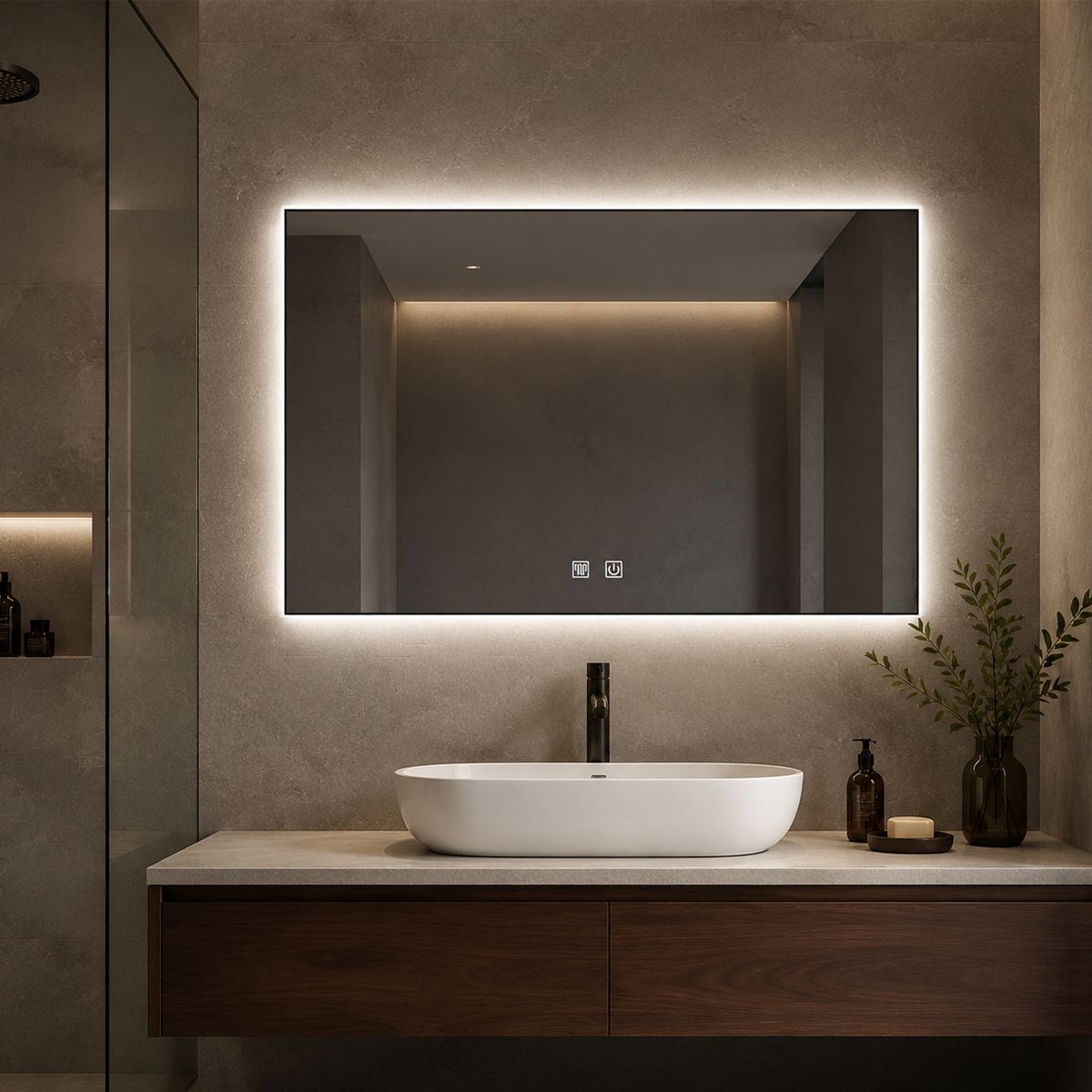 Oglinda Led, Cadru negru, Dezaburire, Buton Touch, 3 Culori, Intensitate reglabila, dimensiuni 60-70x80-90-150 cm, Feliz