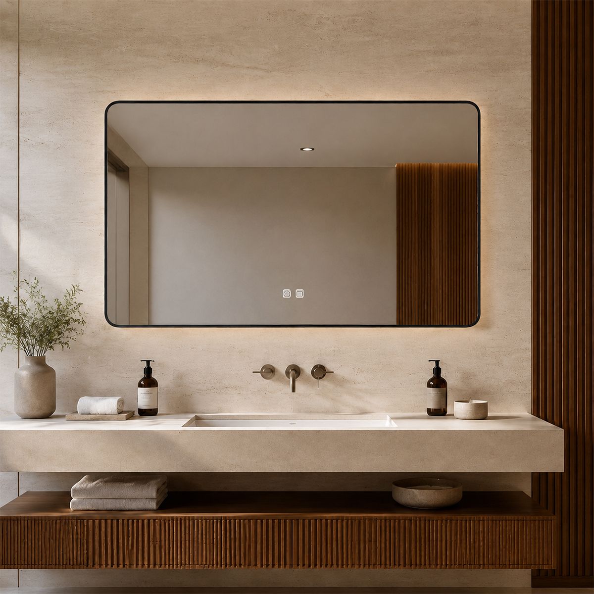 Oglinda Led, Cadru negru, Dezaburire, Buton Touch, 3 Culori, Intensitate reglabila, dimensiuni 60-70x80-90-150 cm, Feliz