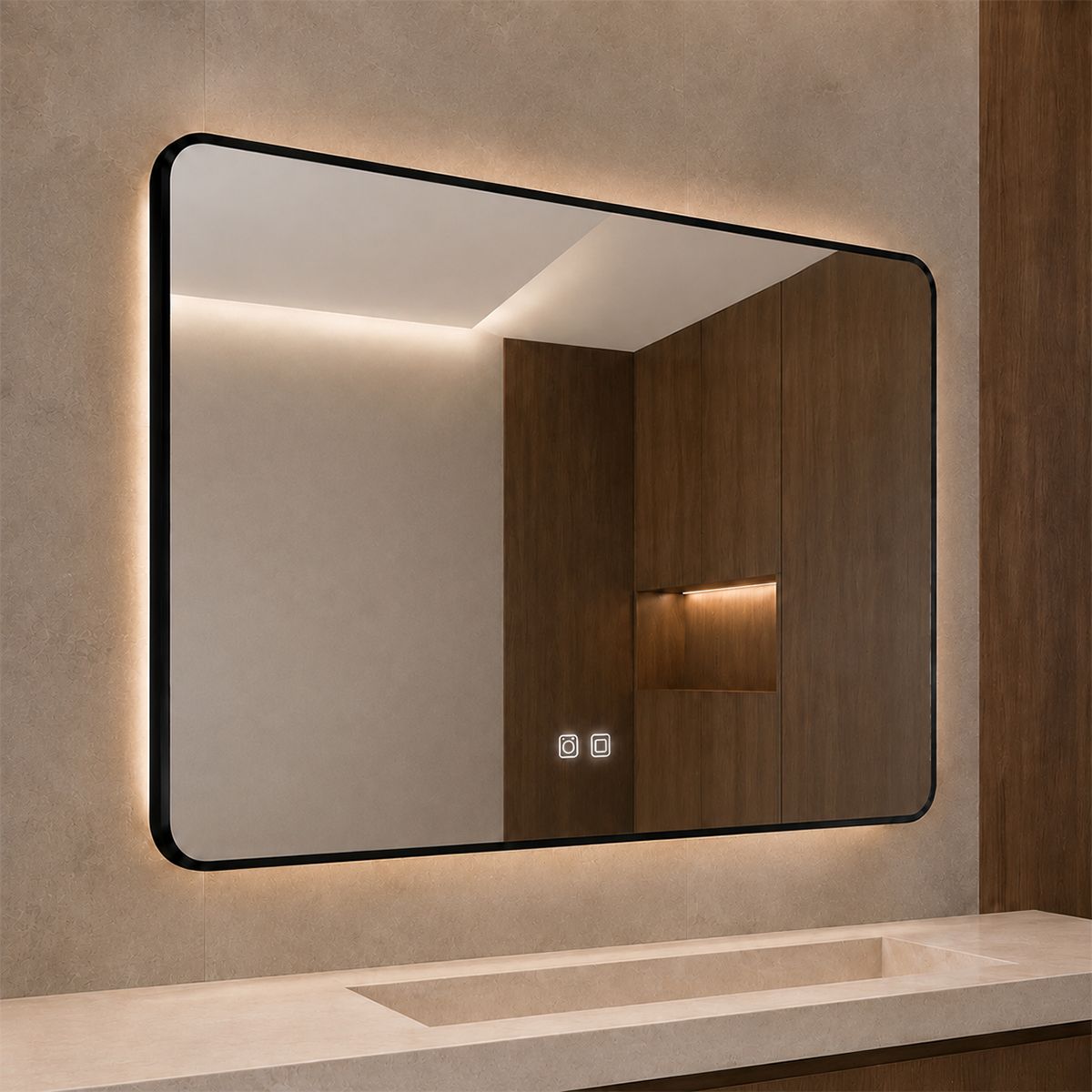 Oglinda Led, Cadru negru, Dezaburire, Buton Touch, 3 Culori, Intensitate reglabila, dimensiuni 60-70x80-90-150 cm, Feliz