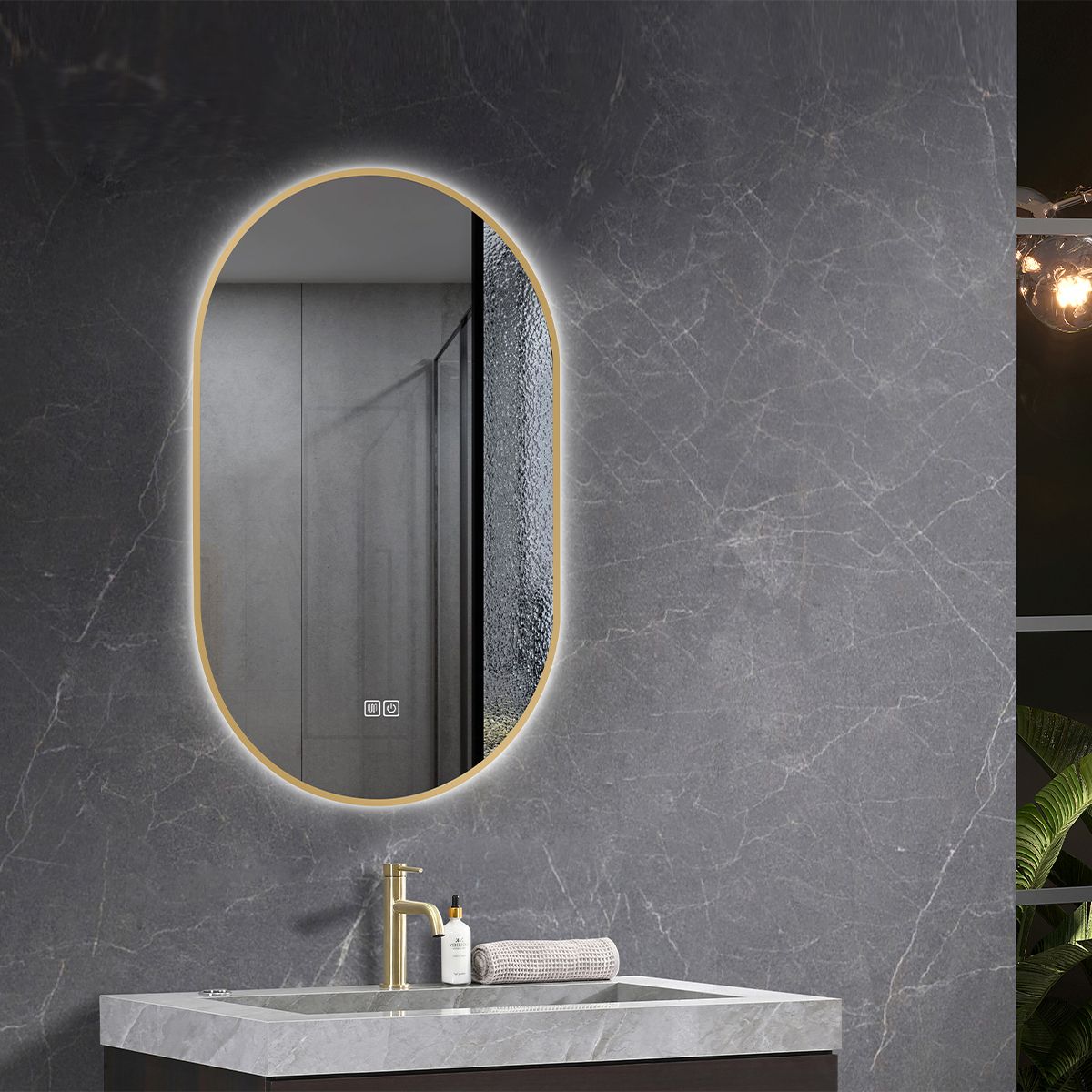 Oglinda Led, Dezaburire, 3 Culori, Touch, 5 mm, cadru ultra-slim auriu, dimensiuni 50x100-40x120 cm, Victoria