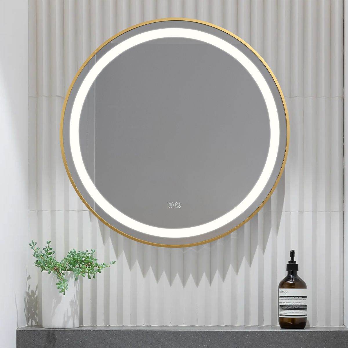 Oglinda Led, Dezaburire, Buton Touch, Cadru auriu, sticla 5 mm, 3 Culori, Intensitate reglabila, dimensiuni 80, 90 cm, Cezara