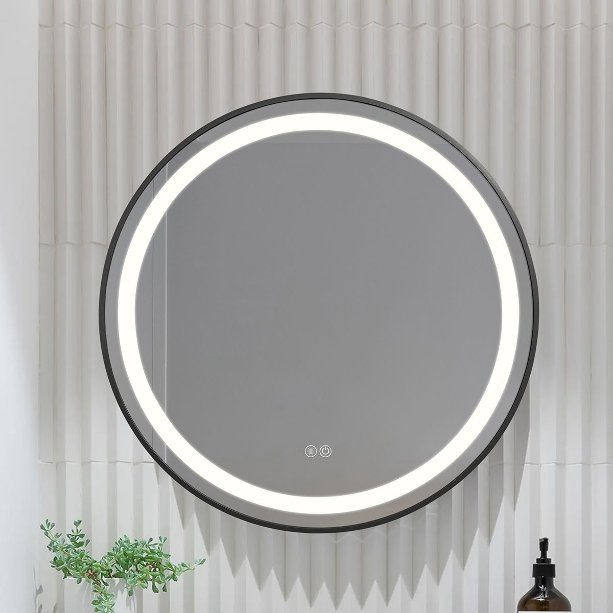 Oglinda Led, Dezaburire, Buton Touch, sticla 5 mm, Cadru negru, 3 Culori, Intensitate reglabila, dimensiuni 80, 90 cm, Cezara