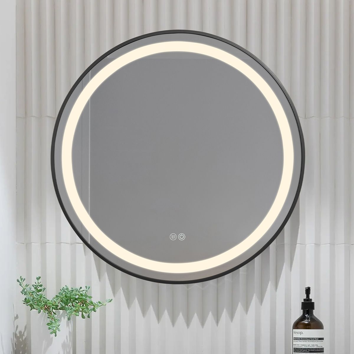 Oglinda Led, Dezaburire, Buton Touch, sticla 5 mm, Cadru negru, 3 Culori, Intensitate reglabila, dimensiuni 80, 90 cm, Cezara