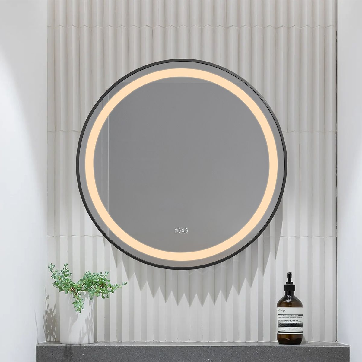 Oglinda Led, Dezaburire, Buton Touch, sticla 5 mm, Cadru negru, 3 Culori, Intensitate reglabila, dimensiuni 80, 90 cm, Cezara