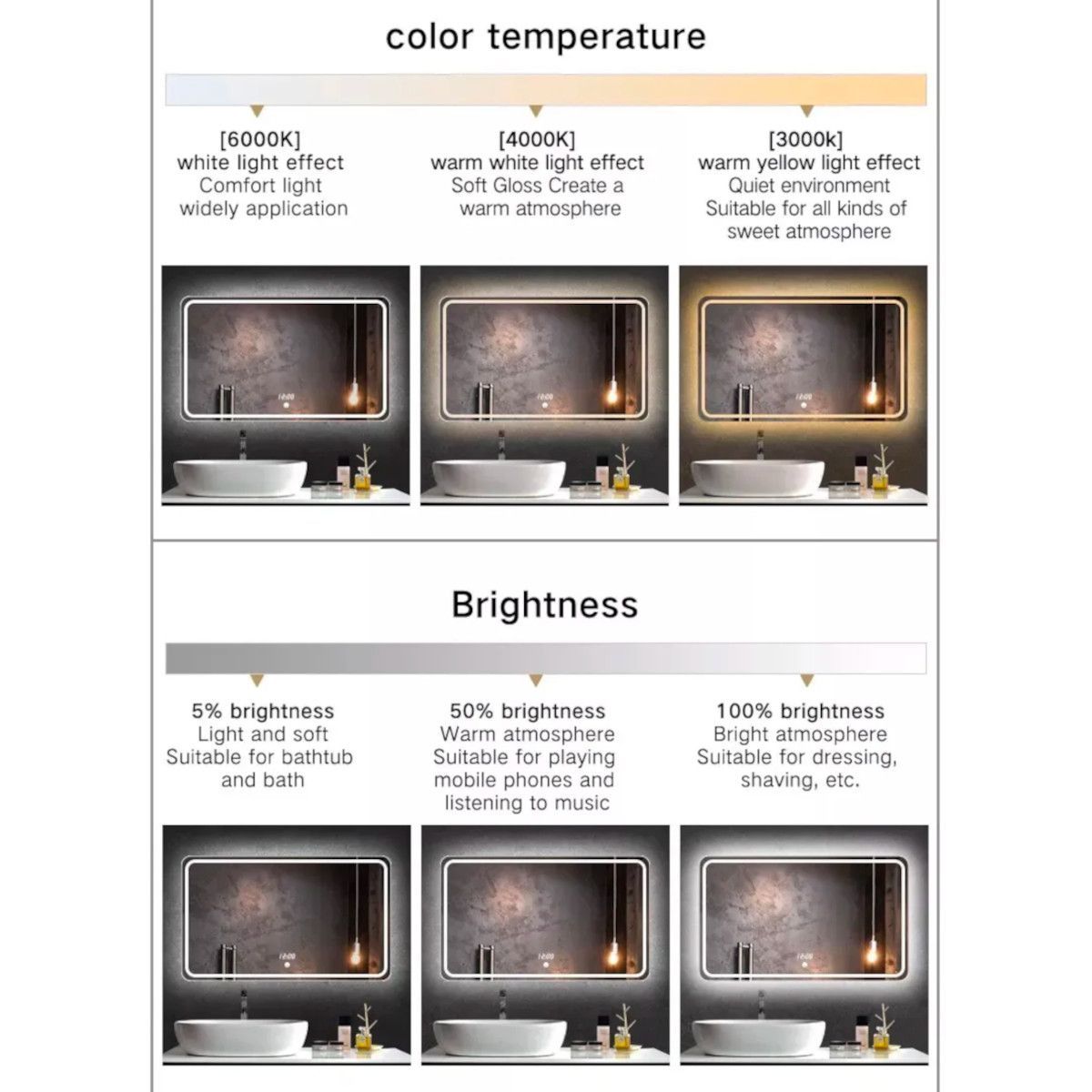 Oglinda Led, Dezaburire, Buton Touch, sticla 5 mm, Cadru negru, 3 Culori, Intensitate reglabila, dimensiuni 80, 90 cm, Cezara